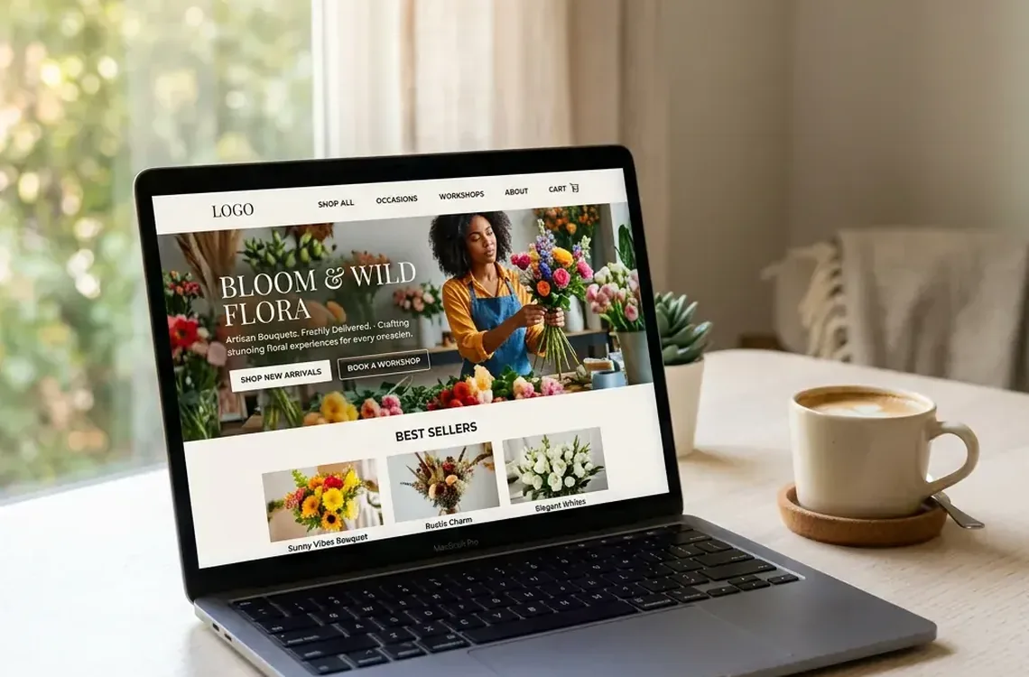A professional homepage mockup displayed on a laptop