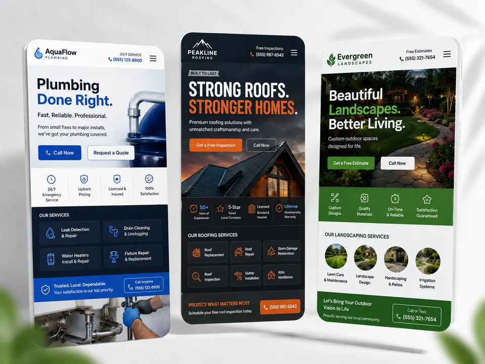Three phones showing sample homepages for service businesses.