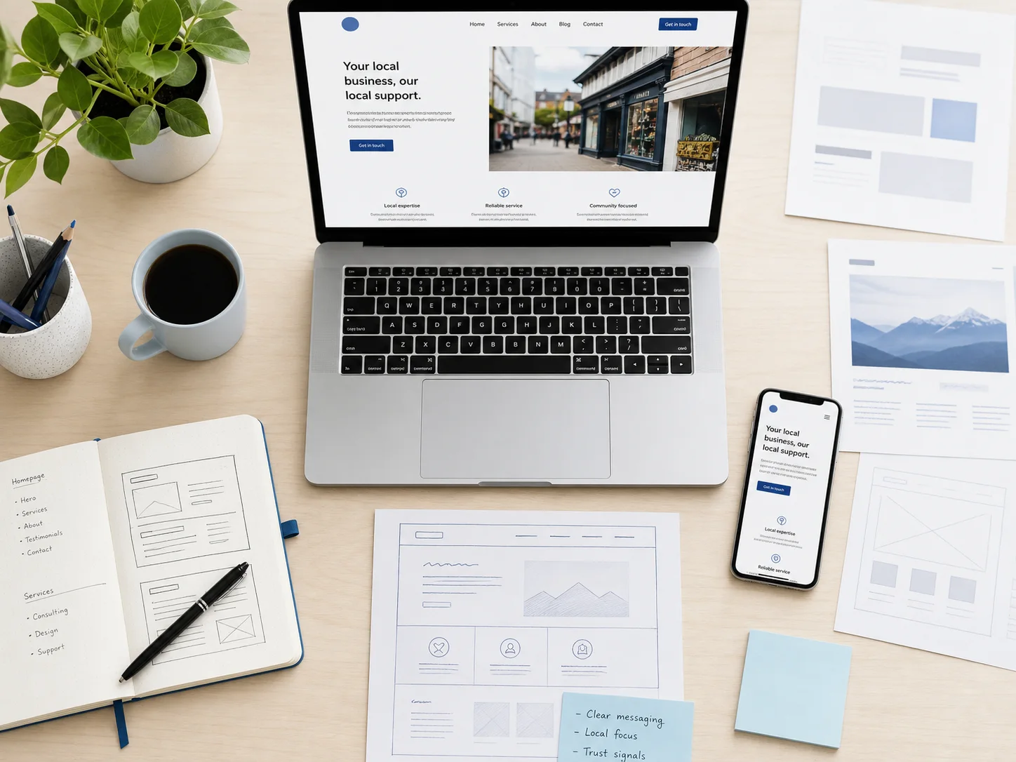 Overhead designer workspace with a laptop, wireframes, and mobile website preview