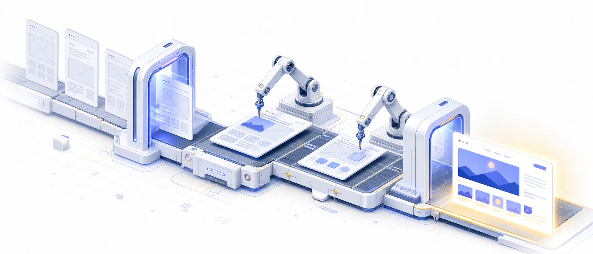 Isometric illustration of a website moving through a streamlined build process