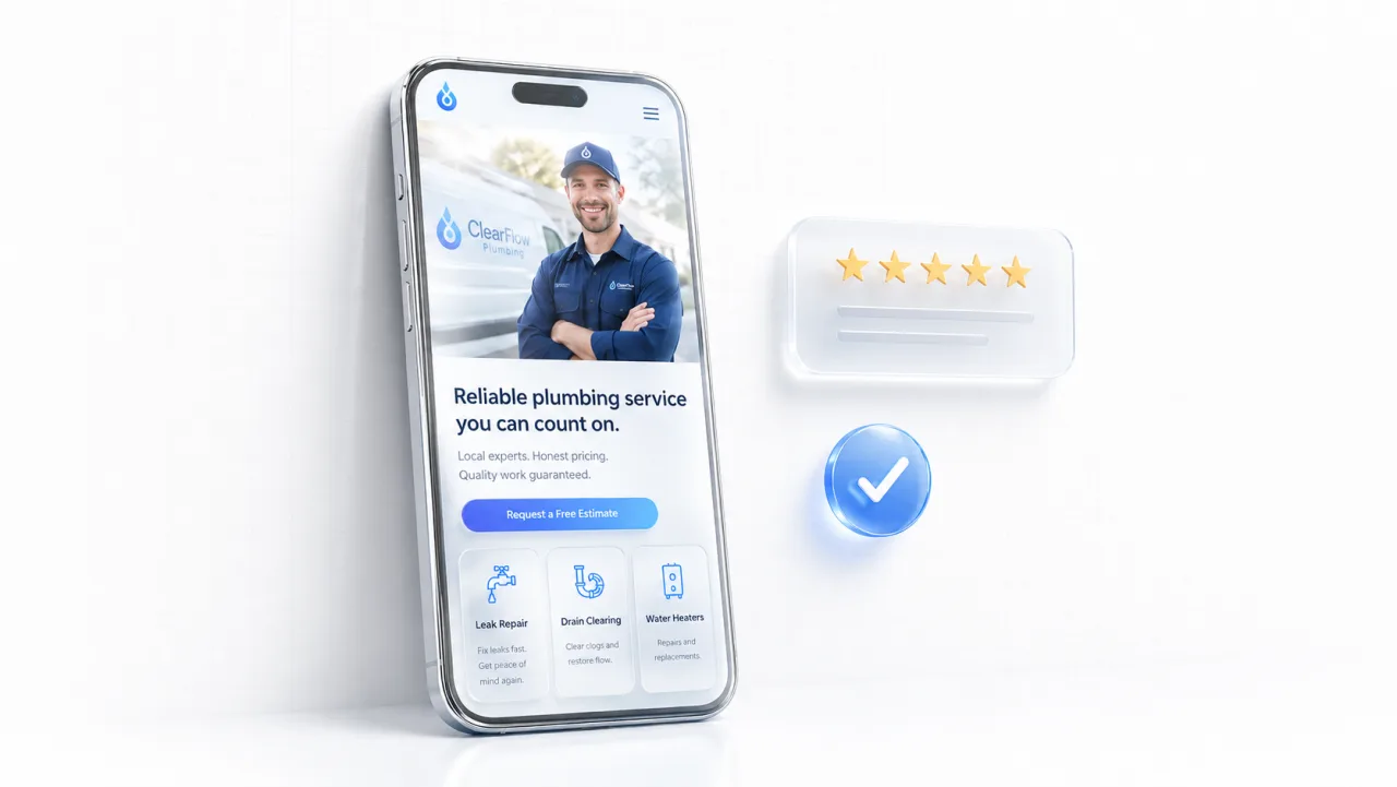 Phone showing a polished local business website with a five-star review badge