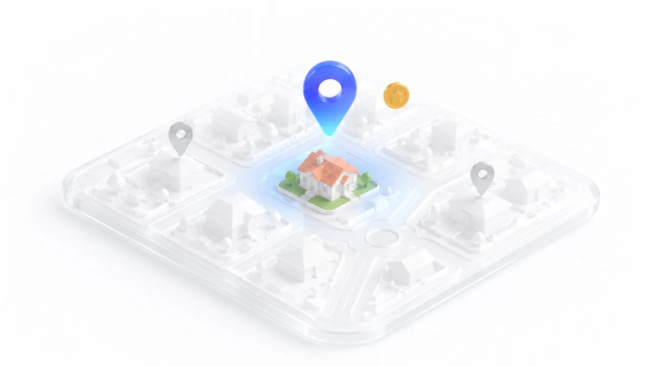 Aerial service-area view with labeled neighborhood pins and one glowing central pin
