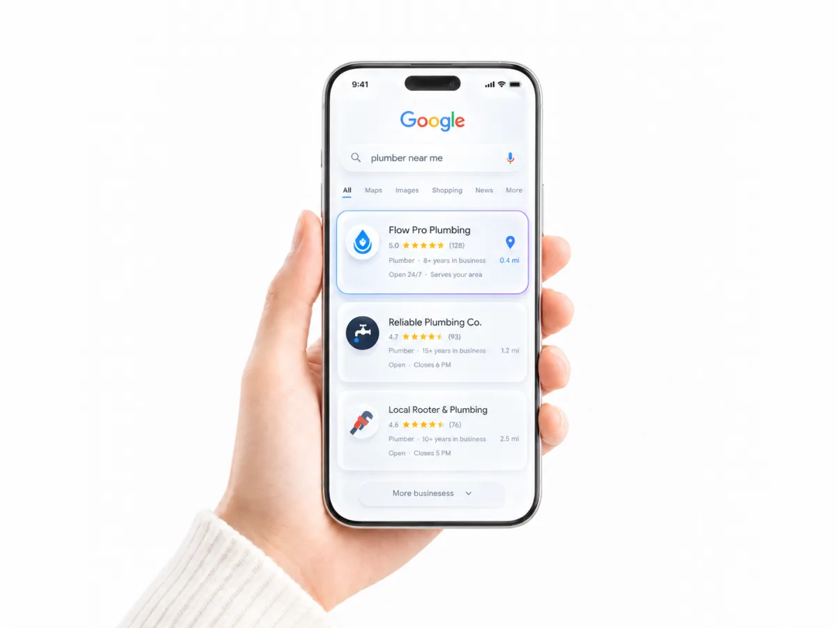 Phone showing a Google search for a local plumber with the top result highlighted, floating over an aerial neighborhood view