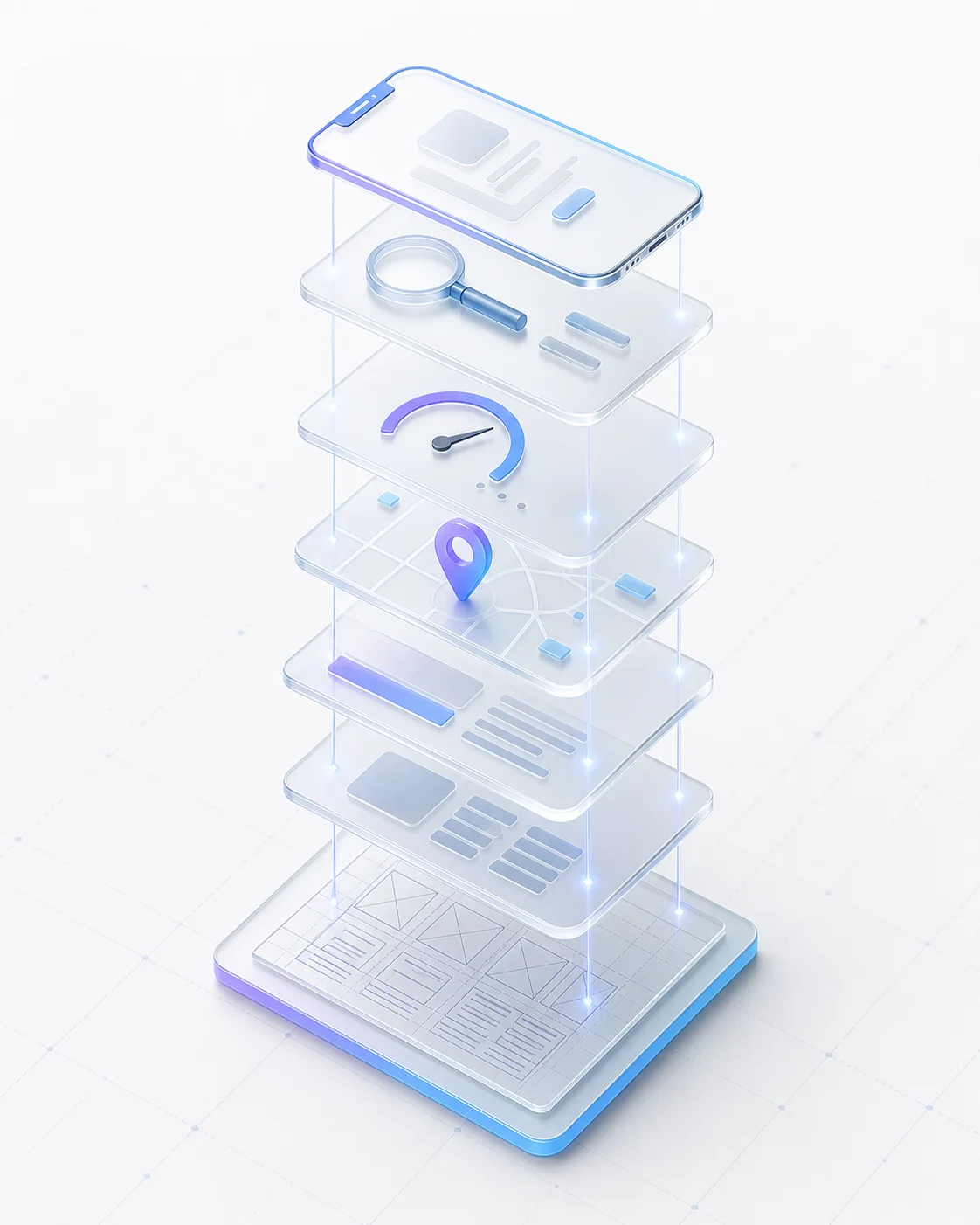 Vertical isometric stack of website layers for structure, content, speed, search and mobile