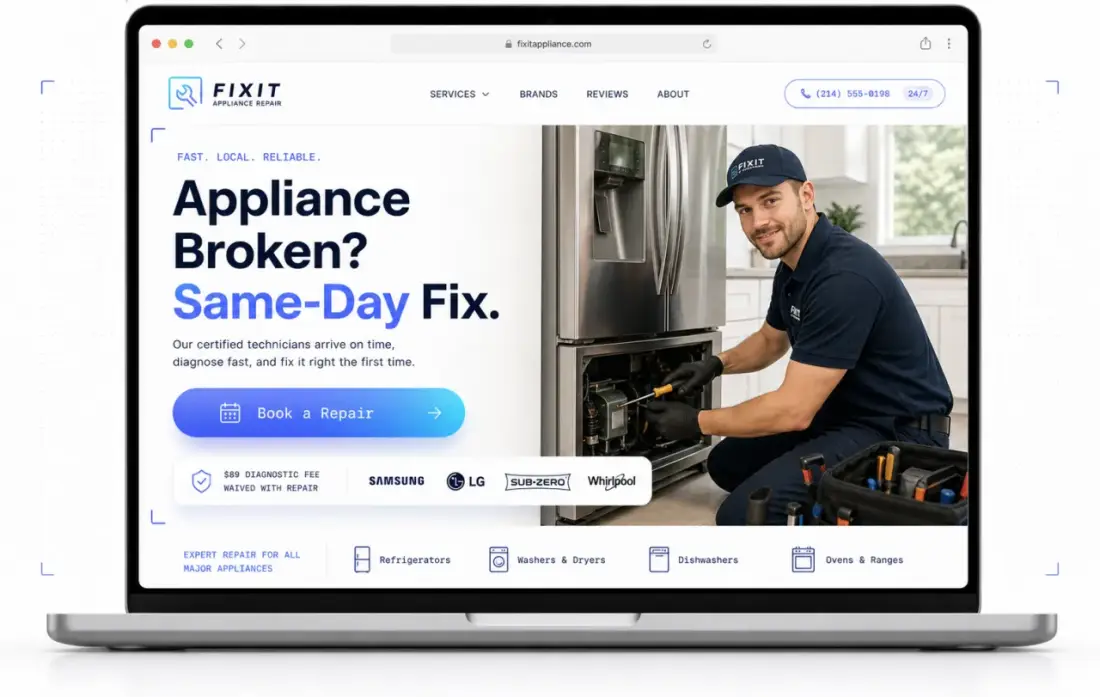 Appliance Repair company website shown in a laptop browser