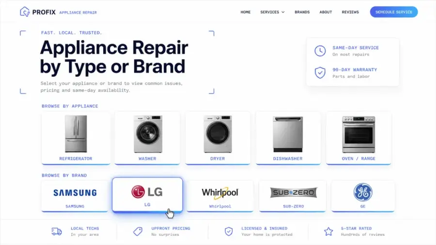 Appliance repair website: page grid