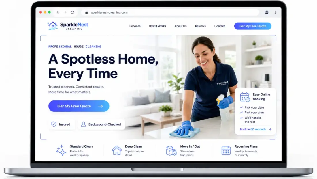 Cleaning Services company website shown in a laptop browser