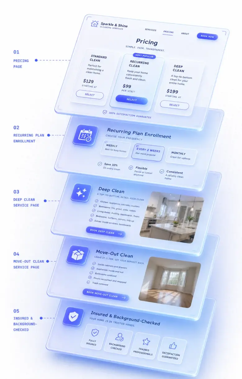 Isometric stack of cleaning services website layers