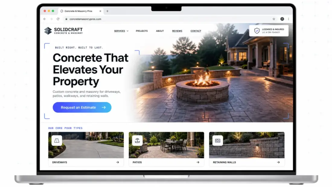 Concrete & Masonry company website shown in a laptop browser