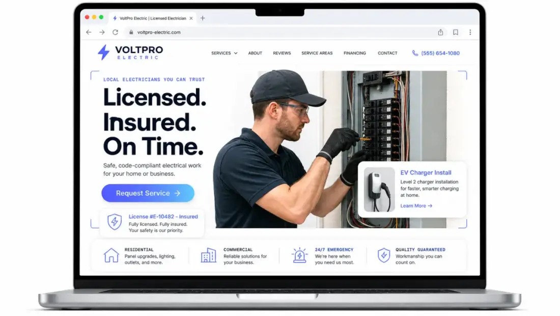 Electrical company website shown in a laptop browser
