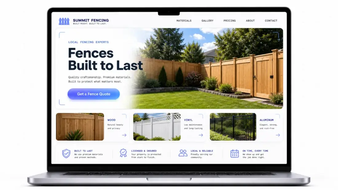 Fencing company website shown in a laptop browser