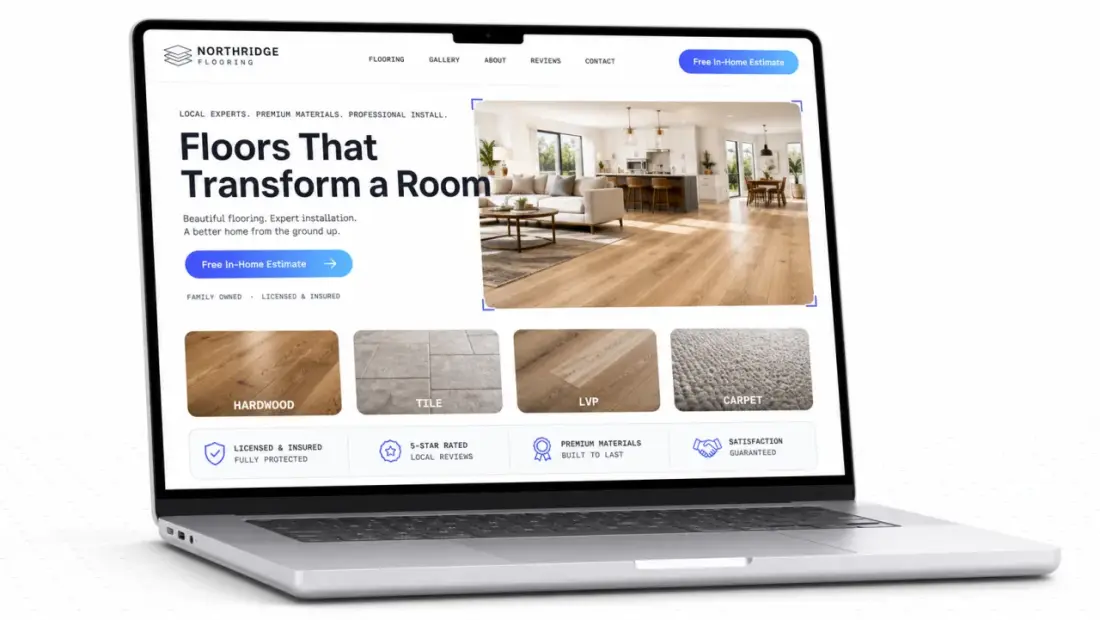 Flooring company website shown in a laptop browser