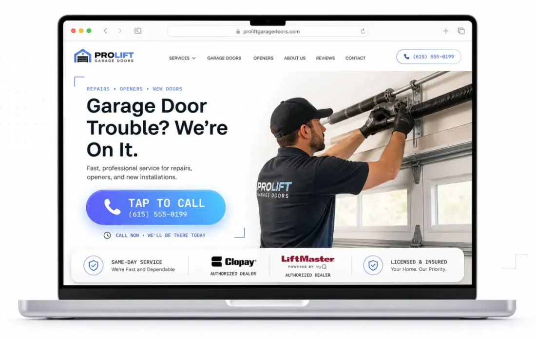 Garage Door company website shown in a laptop browser