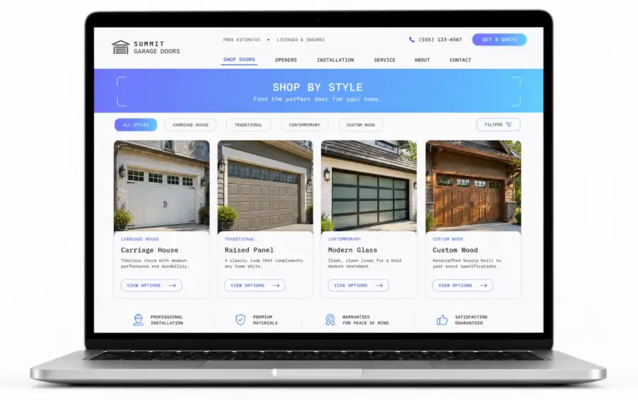 Garage door website: door showroom
