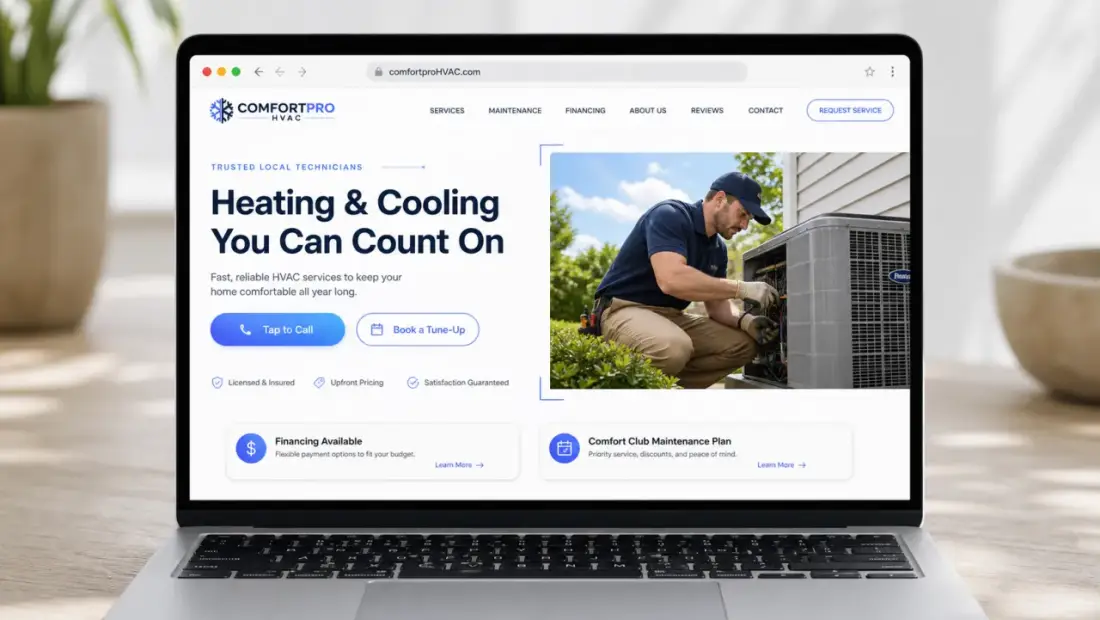 HVAC company website shown in a laptop browser
