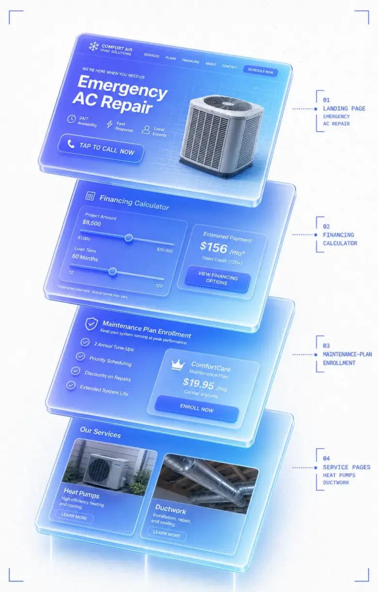 Isometric stack of HVAC website layers