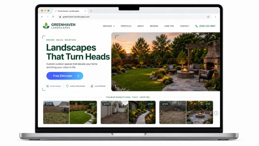 Landscaping company website shown in a laptop browser