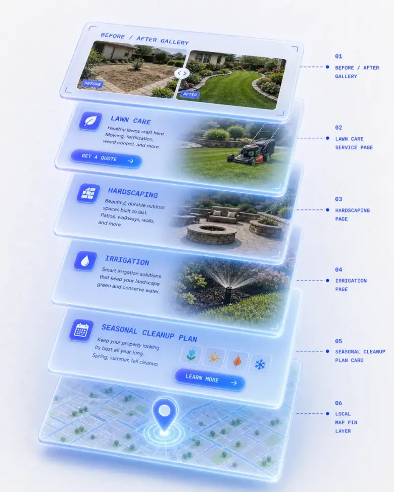 Isometric stack of landscaping website layers