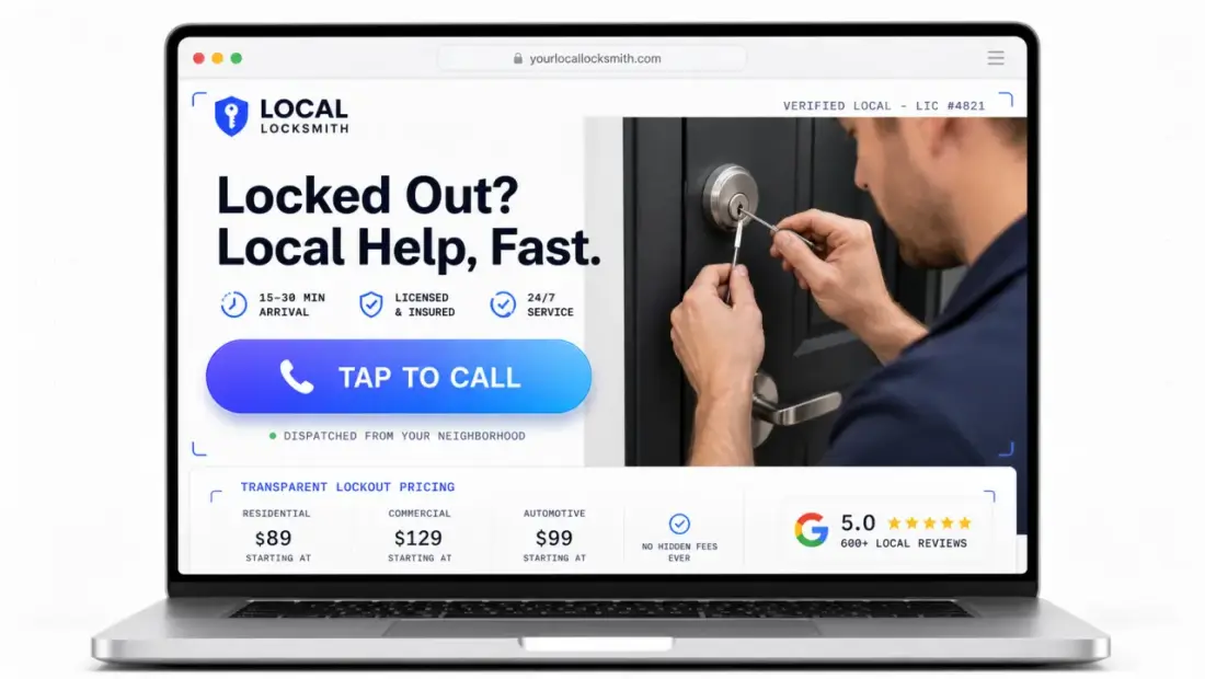 Locksmith company website shown in a laptop browser