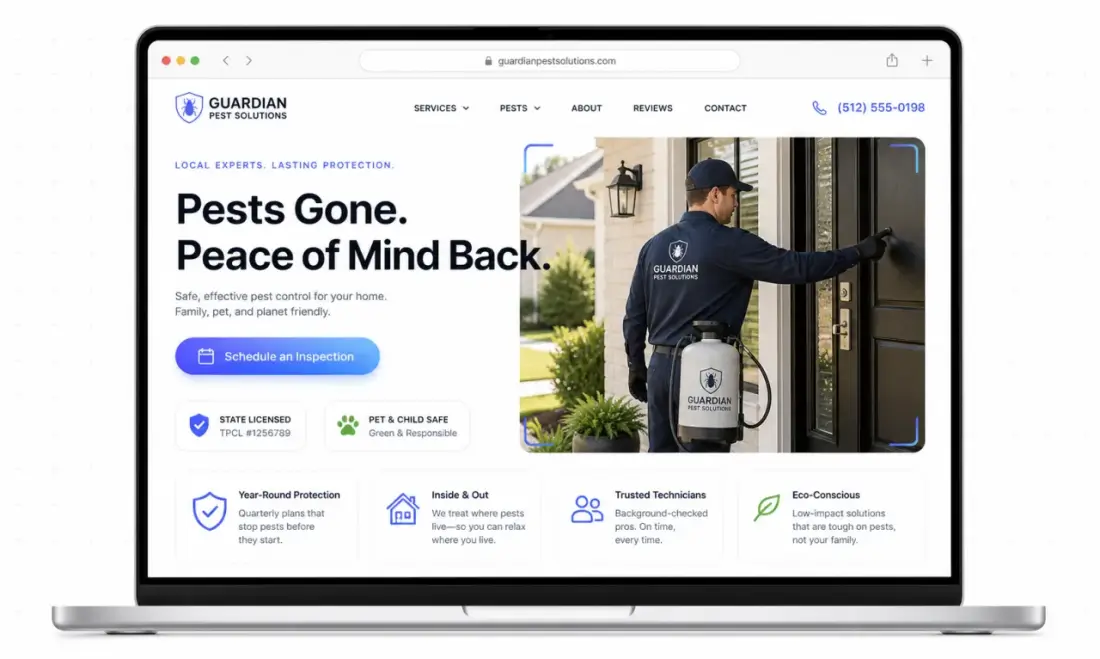 Pest Control company website shown in a laptop browser