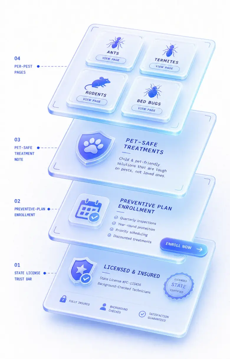 Isometric stack of pest control website layers