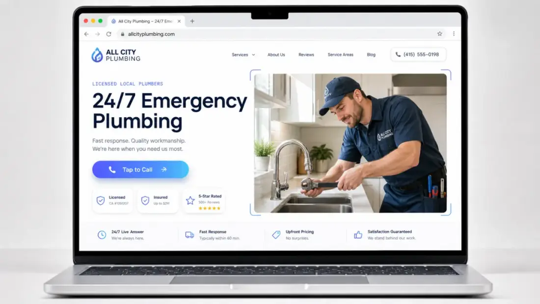 Plumbing company website shown in a laptop browser