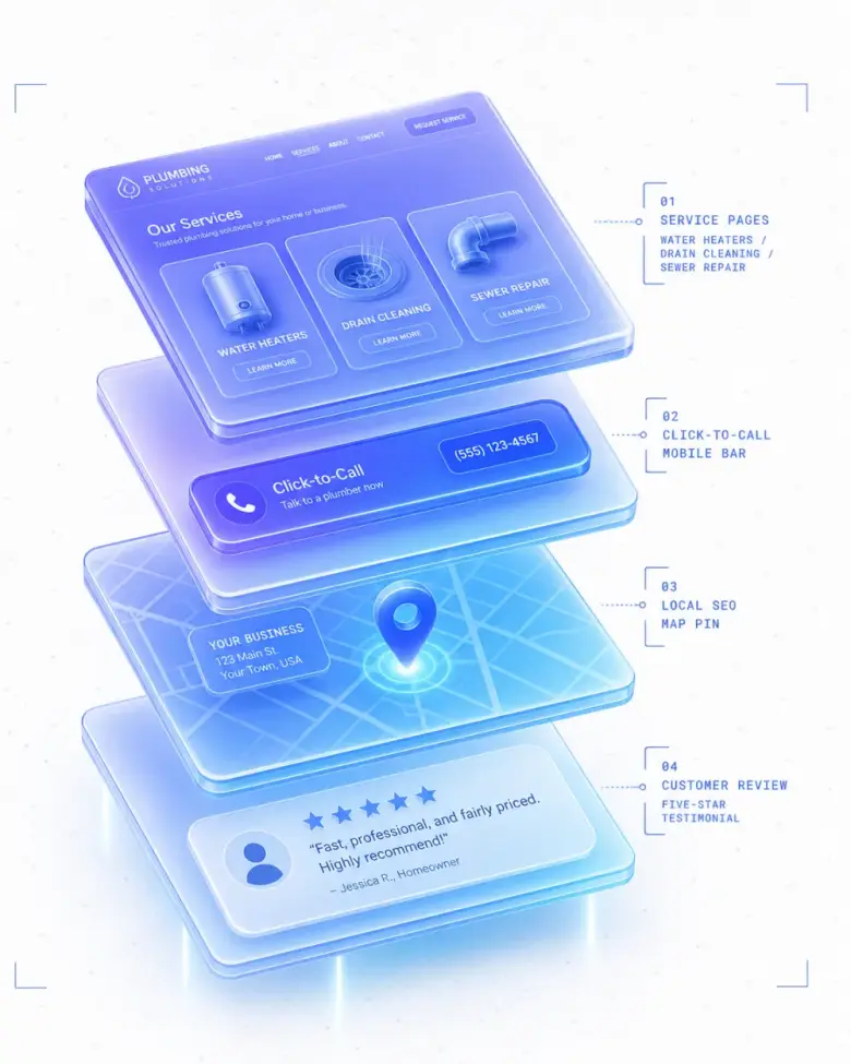 Isometric stack of plumbing website layers