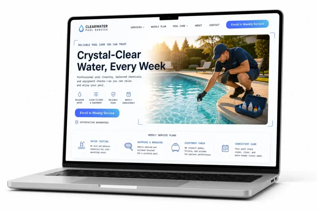Pool Service company website shown in a laptop browser