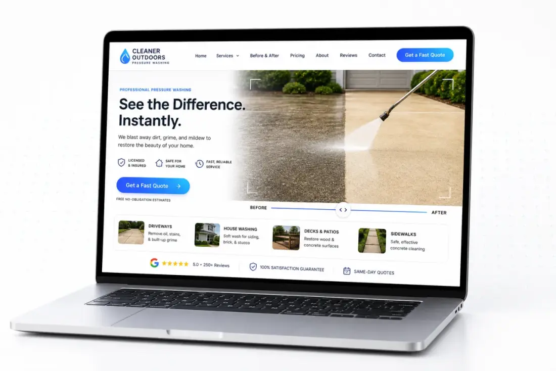 Pressure Washing company website shown in a laptop browser