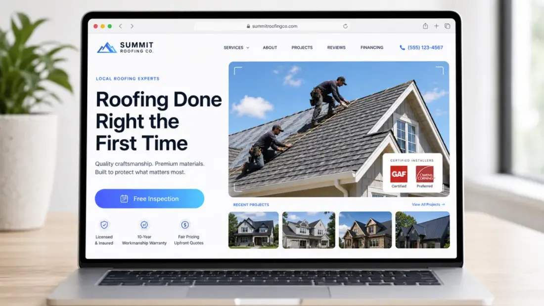 Roofing company website shown in a laptop browser