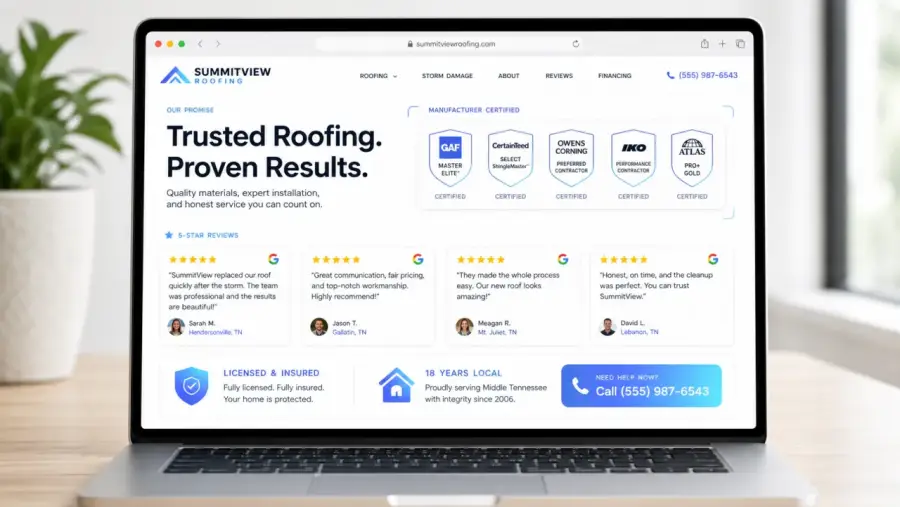 Roofing website: trust & reviews