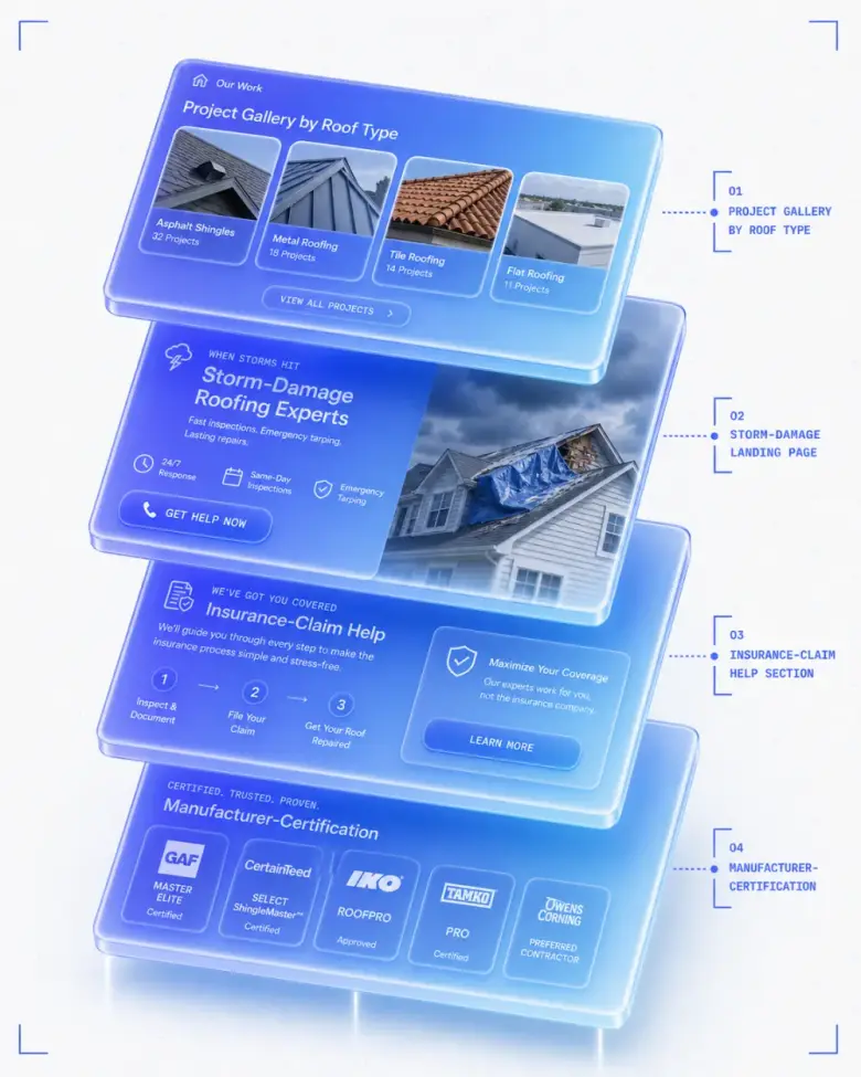 Isometric stack of roofing website layers