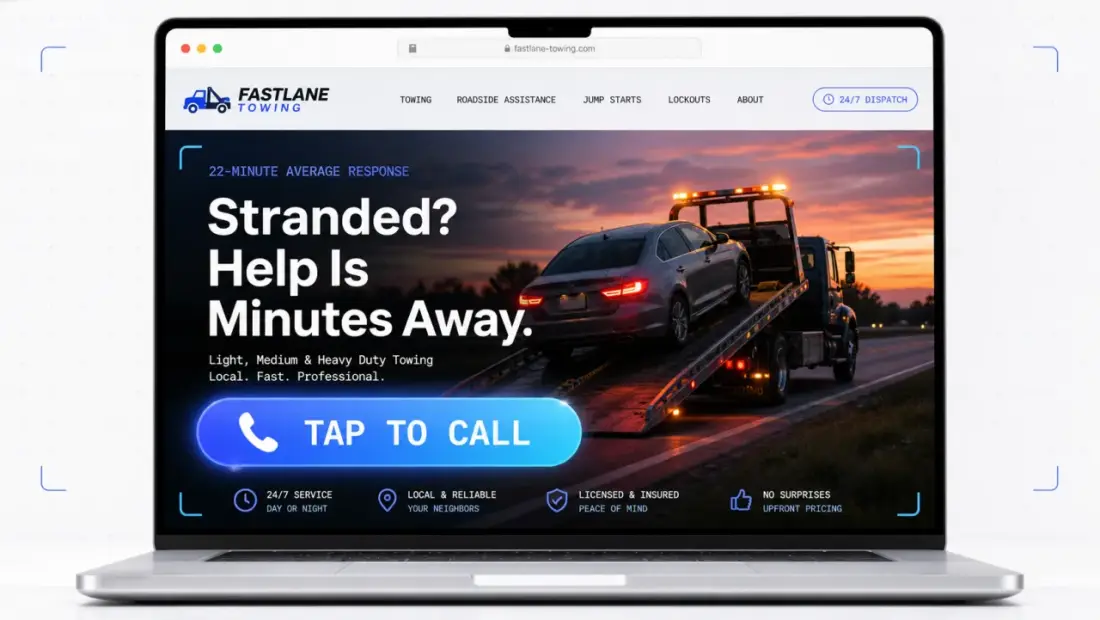 Towing company website shown in a laptop browser