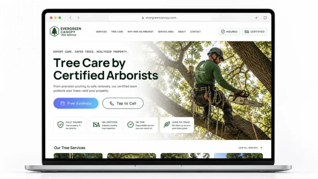 Tree Service company website shown in a laptop browser