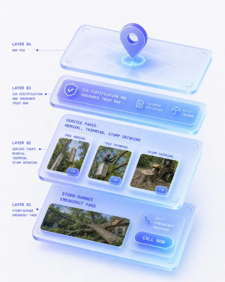 Isometric stack of tree service website layers
