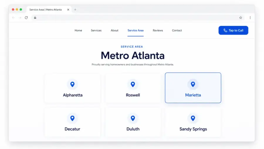 Service areas for a Atlanta local business website