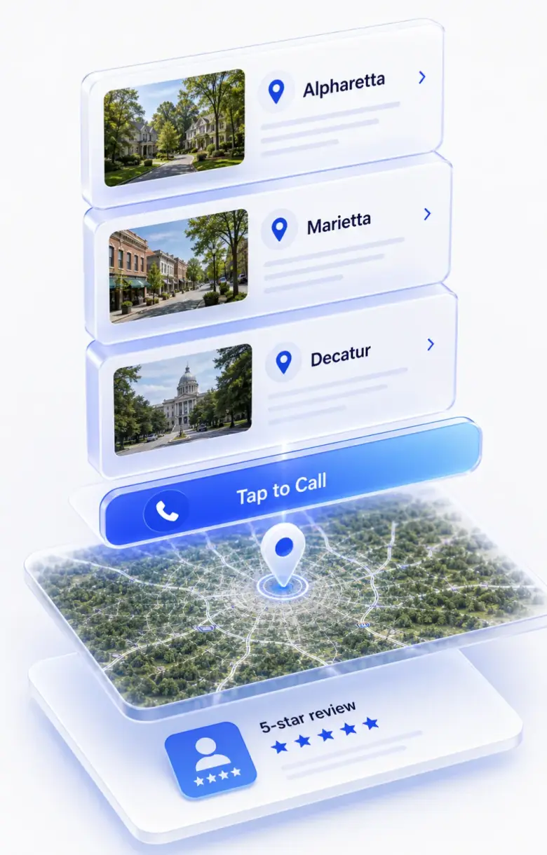 Isometric stack of Atlanta local-business website layers