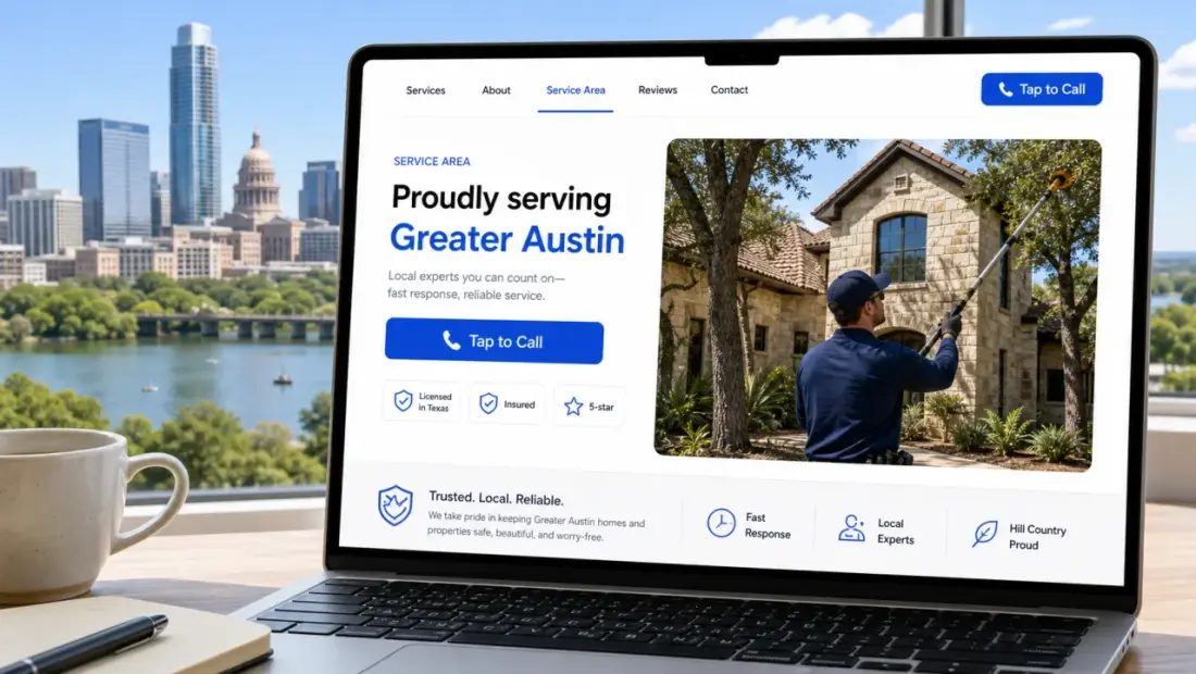 Austin local-business website shown in a laptop browser