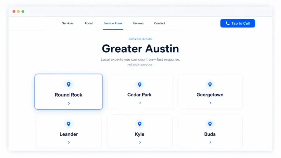 Service areas for a Austin local business website