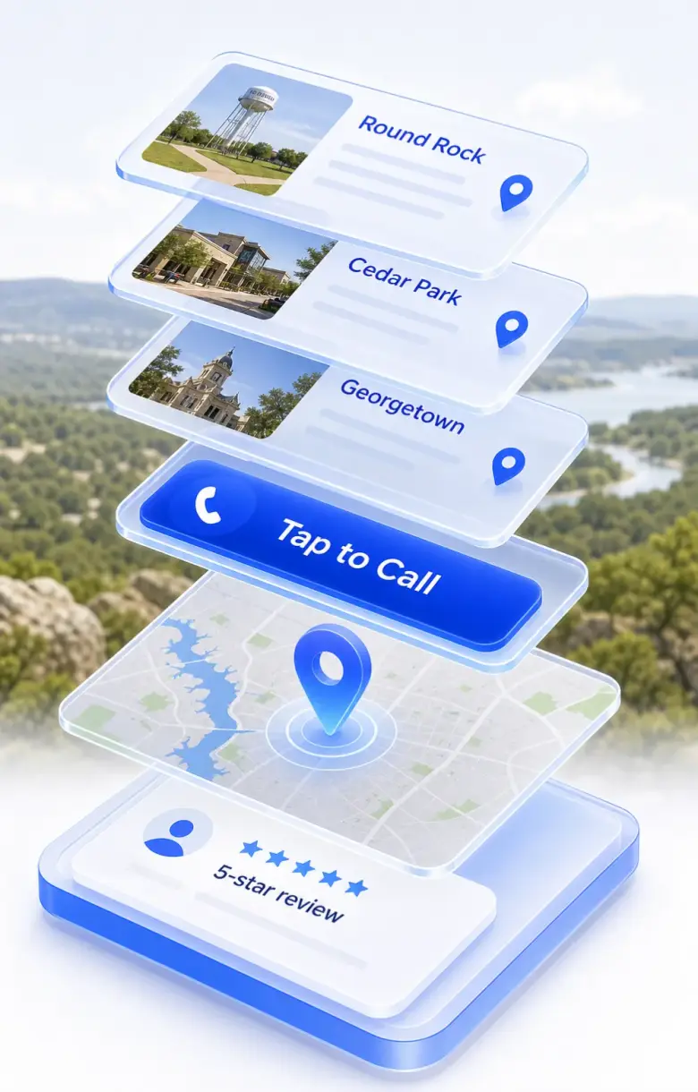 Isometric stack of Austin local-business website layers