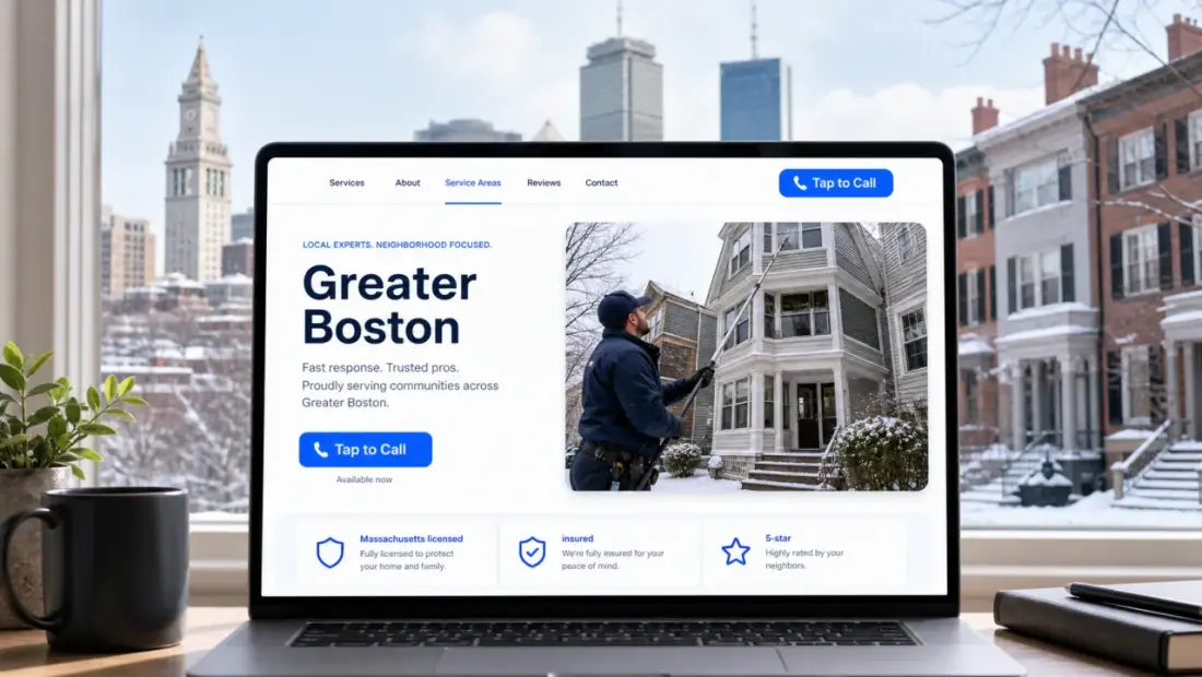 Boston local-business website shown in a laptop browser