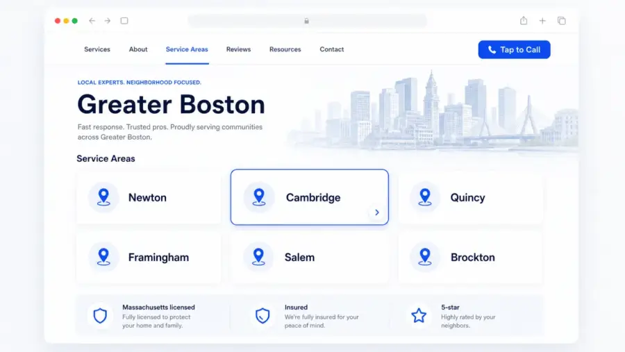 Service areas for a Boston local business website