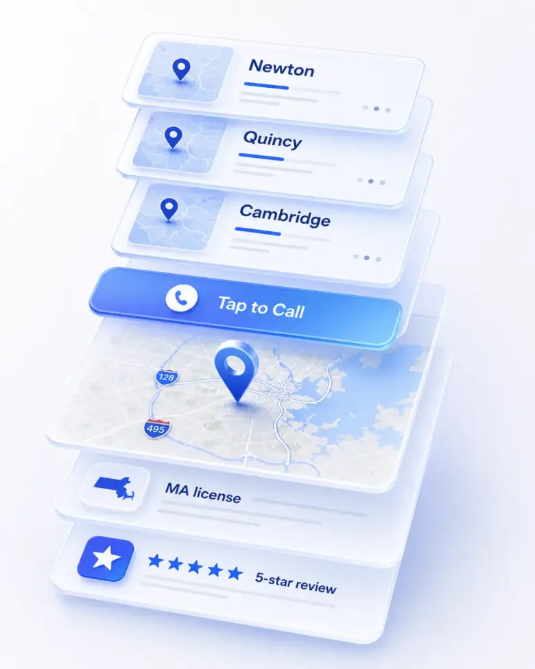 Isometric stack of Boston local-business website layers