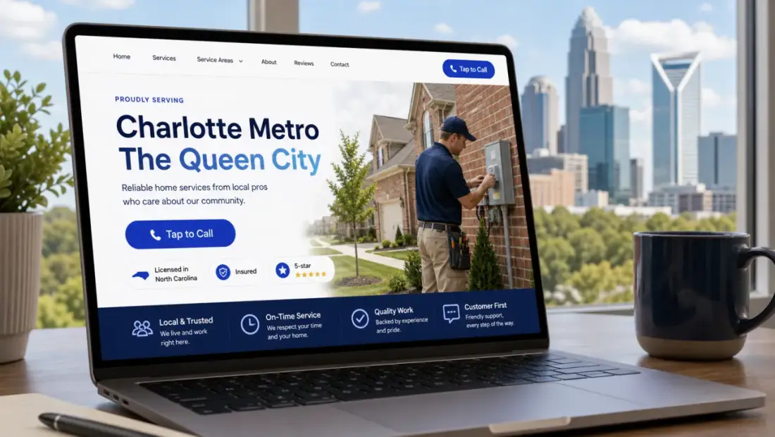 Charlotte local-business website shown in a laptop browser