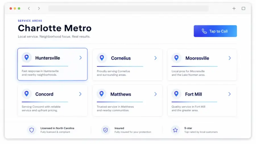 Service areas for a Charlotte local business website