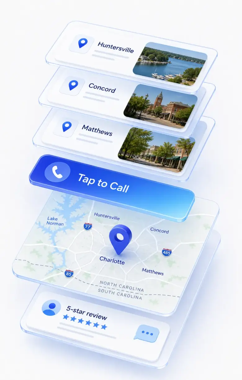 Isometric stack of Charlotte local-business website layers