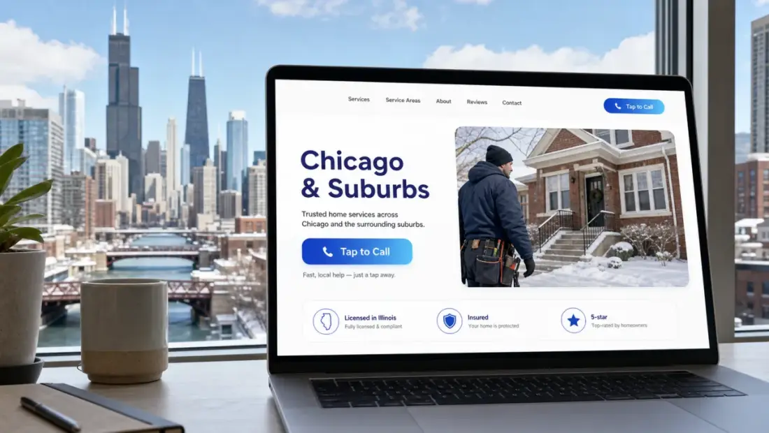 Chicago local-business website shown in a laptop browser