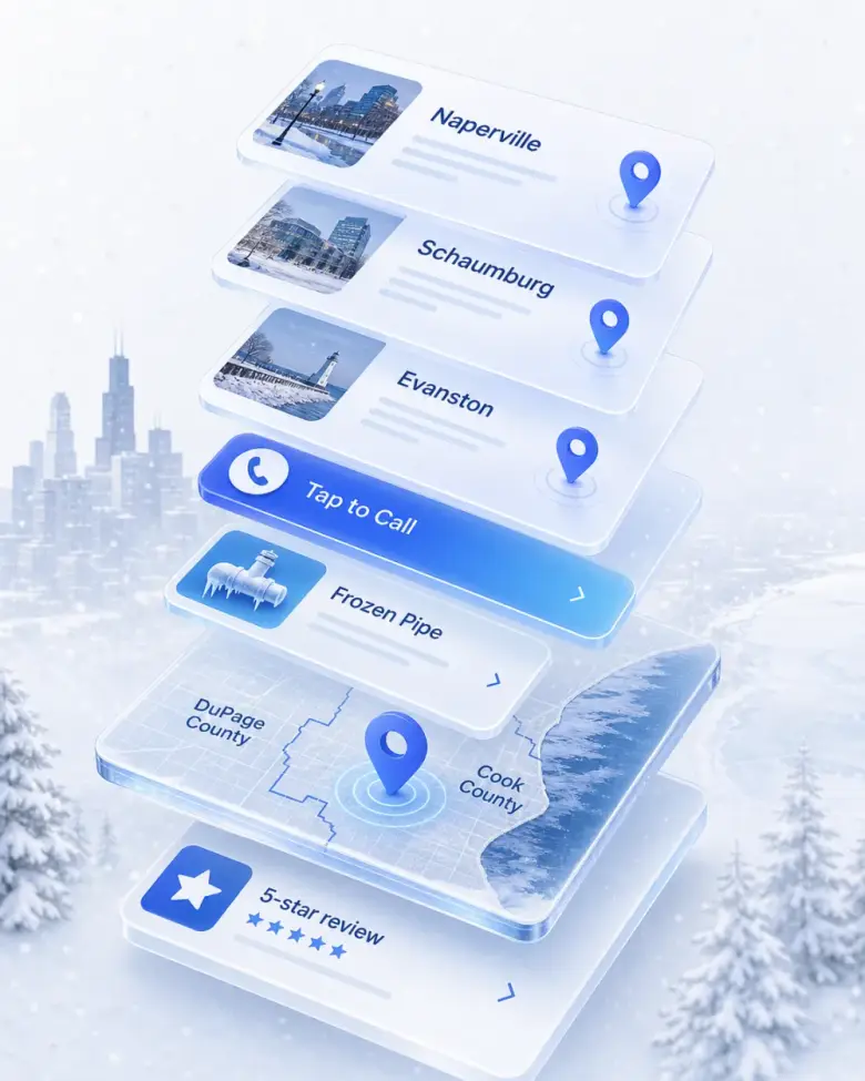 Isometric stack of Chicago local-business website layers