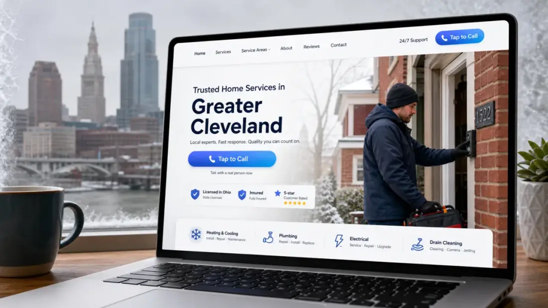 Cleveland local-business website shown in a laptop browser