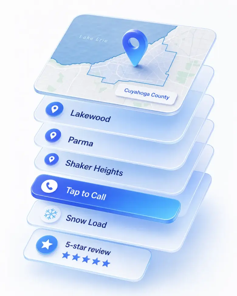 Isometric stack of Cleveland local-business website layers